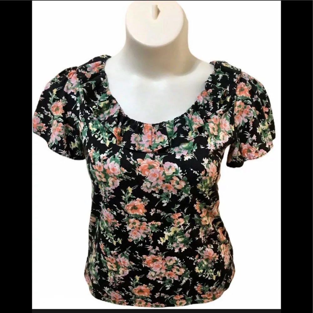 CHAPS Size Medium Blouse Floral Ruffle Neckline Off The Shoulder